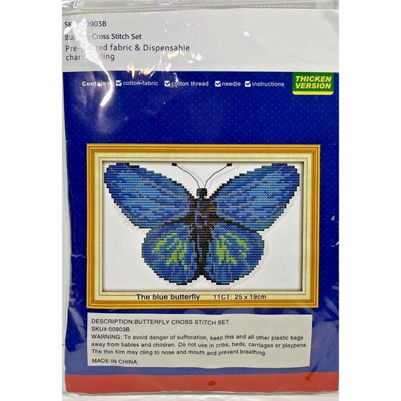 Cross Stitch Kit The Blue Butterfly Pattern 25x19cm Pre-Print 11CT Cotton Fabric - Picture 12 of 12